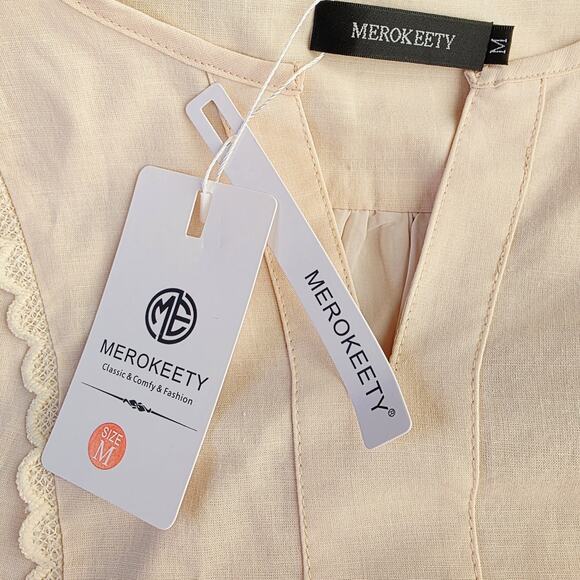 New MEROKEETY Midi Dress Medium Cream Tie Waist Bell Sleeve Cottagecore Milkmaid - Picture 10 of 13